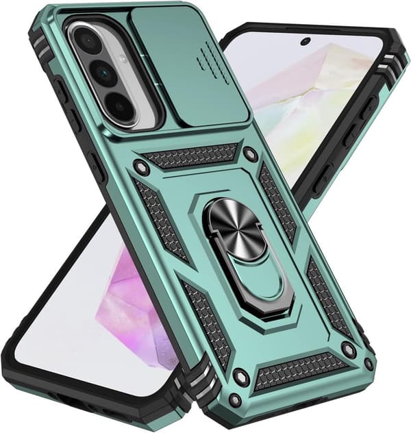 Samsung Galaxy A56 5G Cover, Robust PC-panser, Skydbart Kameradæksel, 360° Ringstativ, Kompatibel med Magnetisk Bilholder, Grøn