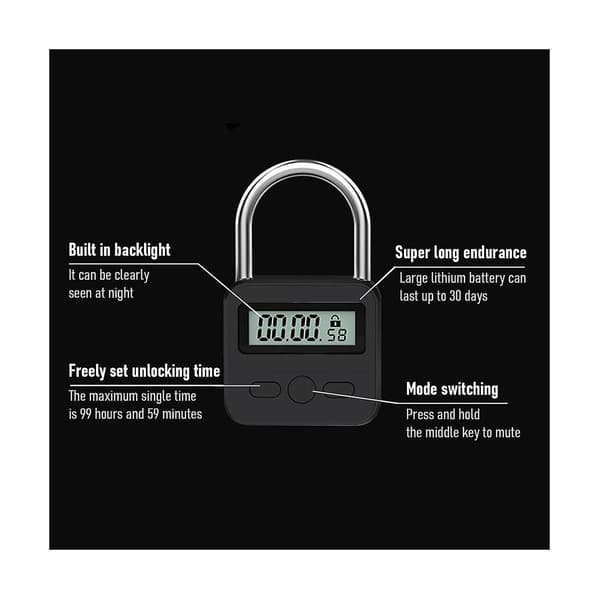 Metal Timer Lock, Multifunctional Electronic Timer Lock with LCD Display, Max 99 Hours Timing, USB Rechargeable (Black)
