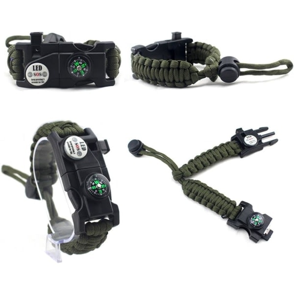 Justerbart överlevnadsarmband, 7-kärnigt Paracord 20-i-1 Nödutrustning Sportarmband med vattentätt LED SOS-ljus, etc. (Armégron)