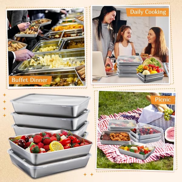 Matbeholdere i rustfritt stål med lokk, stablebart gjenbrukbart 4-delt sett for catering og måltidsforberedelse, sølv, 25 x 20 x 5 cm