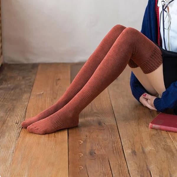 Dame Over The Knee Strømper Sæt med 2 Par, Forede Stræk Termo Vinter Hjemmestrømper til Hjemmebrug og Vinterudflugter, Grå Murstensrød, Størrelse 35-40