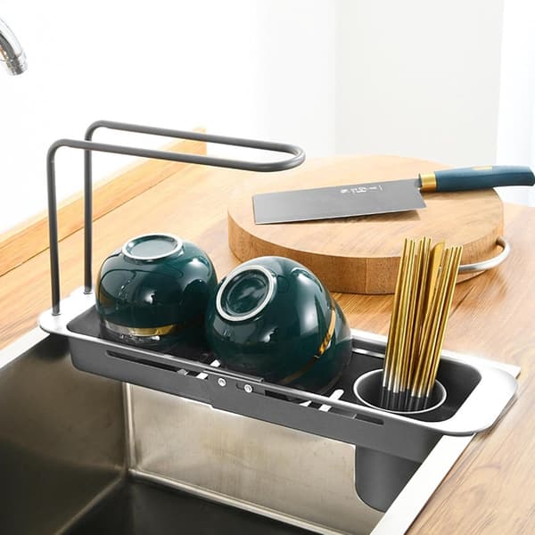 Utbyggbart diskställ i rostfritt stål över diskbänken med bestickhållare, svampförvaring och dräneringsbricka, grå, 31,5–44,5 cm