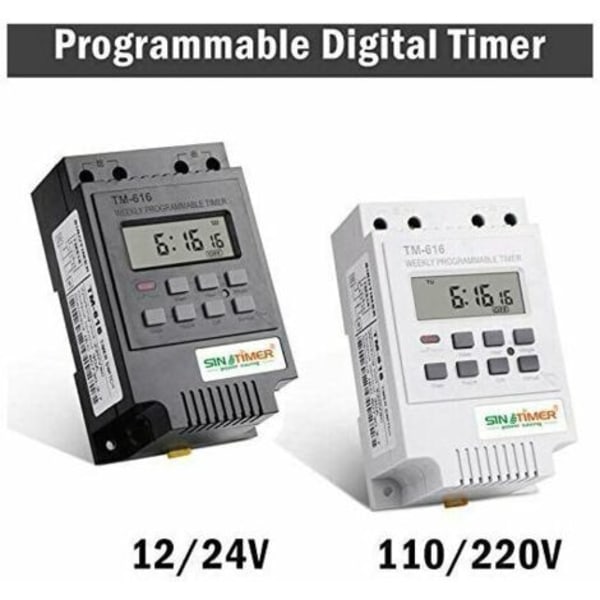 TM616 Programmerbar Bryter Relé, Digital Elektrisk Ukentlig Timer 12V med Digital LCD-skjerm - Hvit