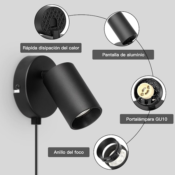 LED Væglampe Sort - GU10 Væglamper med Kabelkontakt og Afbryder Industriell Væglampe Justerbar, til Soveværelse Hall (Uden Pærer)
