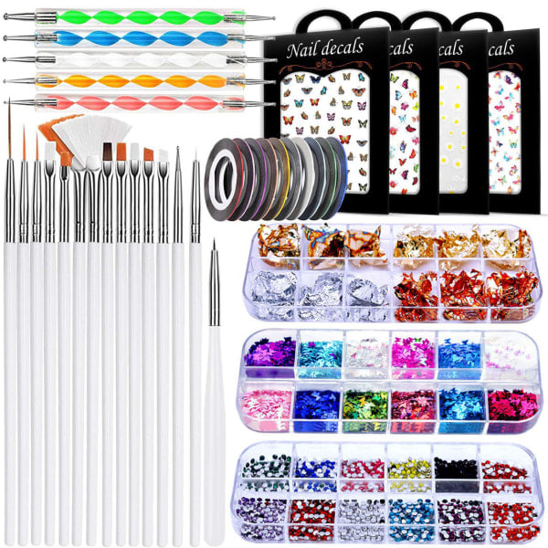 Komplett nagelkonstdekorationsset med nagelborstar, strass-set med klistermärken, prickpenna, folie, flingor, guld- och silvertråd