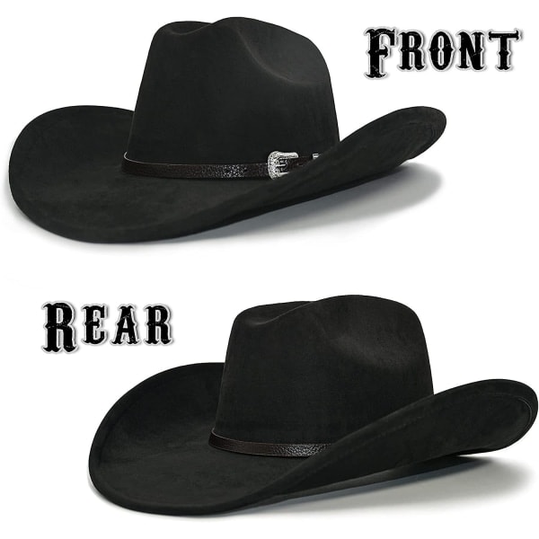 Cowboyhat til Kvinder og Mænd med Formbar Bred Rand - Filt Cattleman Western Hatte Raven Black S M