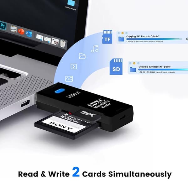 2 st USB2.0 SD/TF-kortläsare, USB 2.0 480 Mbps dubbelplats OTG-minneskortadapter för TF/Micro SD/SD/SDXC/Micro SDXC/Micro SDHC-minneskort