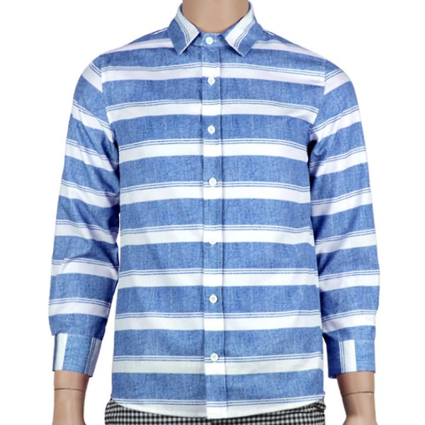 Herrrandiga linne långärmade skjortor Sommarlov Casual Button Up Slim Fit Toppar Blus Blue 3XL