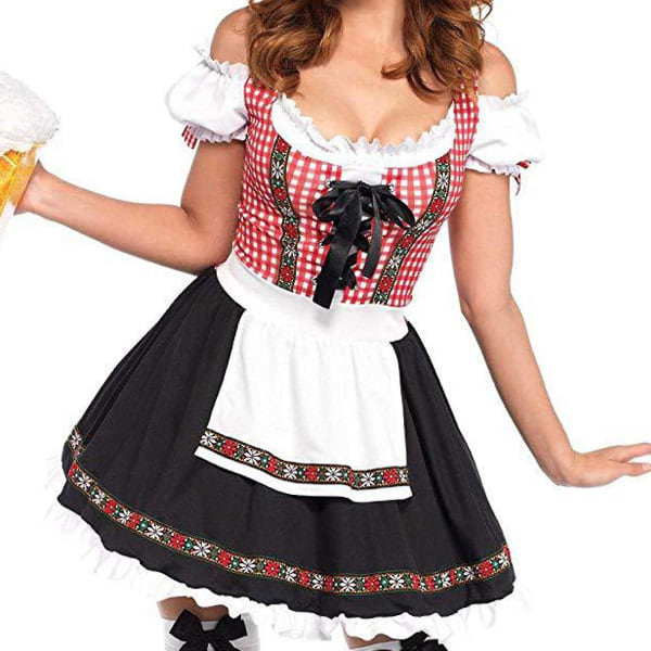 Tysk Oktoberfestdräkt för kvinnor Dirndl Traditionell bayersk ölkarneval Fraulein Cosplay Maid Dress Outfit -hg Rosa S