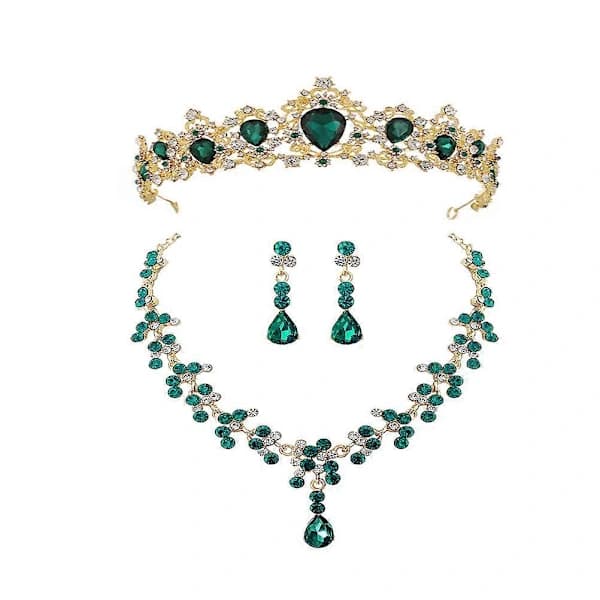 Grönt kronhalsband och örhängen set för bröllopsklänning, tillbehör, 2 set