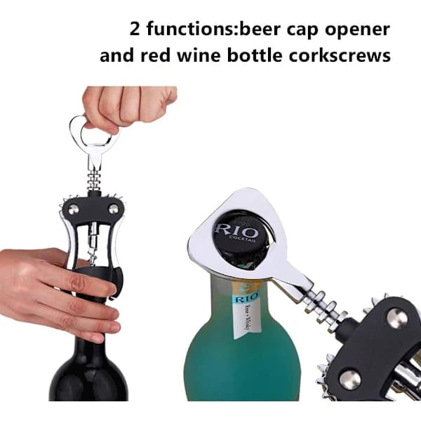 Multifunktionel Vingeproptrækker Vinåbner til alle proppede vin- og ølflasker, tjenere - Sort
