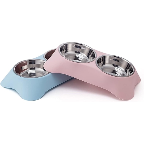 Dobbelt hundebæger, skridsikker dobbelt bæger i rustfrit stål med spildbeskyttelse til små hunde og katte (S, rosa)