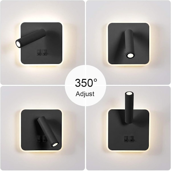 Moderne LED-vegglampe, veggleselampe med bryter, 350° roterbar, 3 W, LED