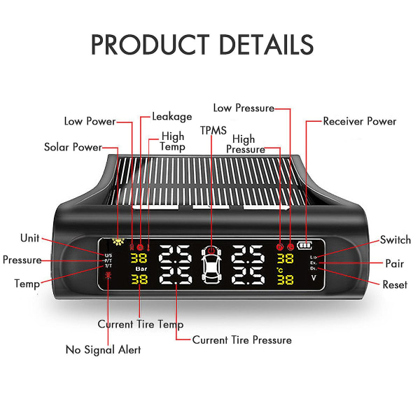 Solar Wireless Tpms Bildäck Däcktrycksövervakningssystem + 4 sensorer