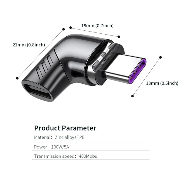 100W/5A Magnetisk USB-C-adapter hurtiglading svart