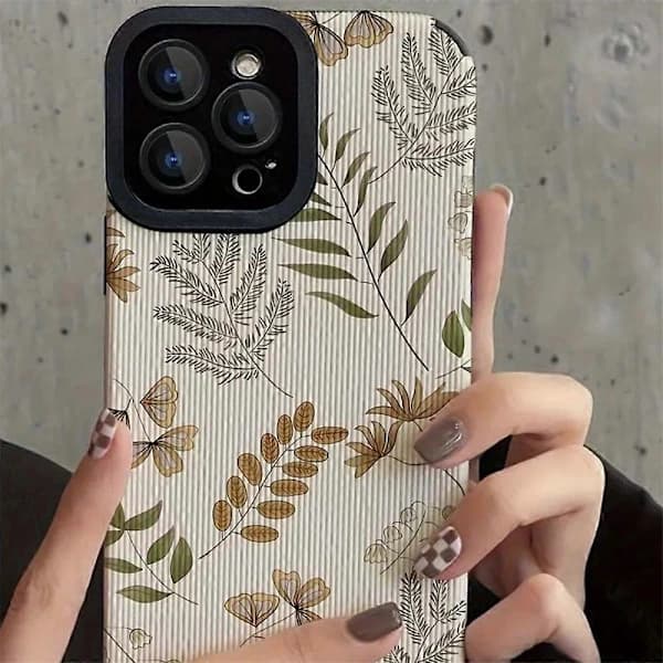 For iPhone 16 Pro Deksel Bregneplanter PU Lær+TPU Estetisk Telefondeksel
