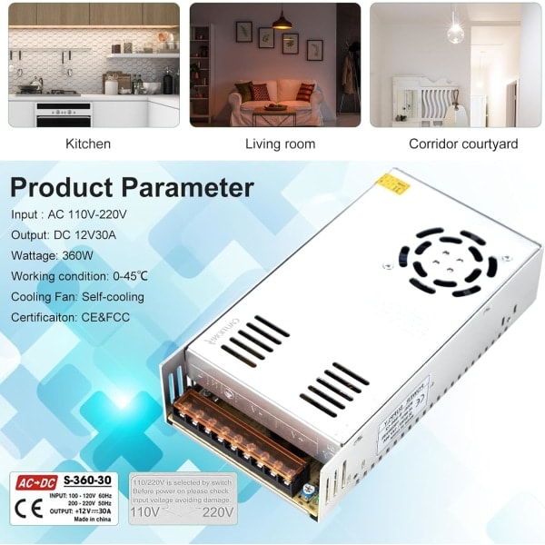 Strömadapter/Transformator 12V/30A DC 12V 360W Strömförsörjning för 3D-skrivare, radio, LED-remsor etc.