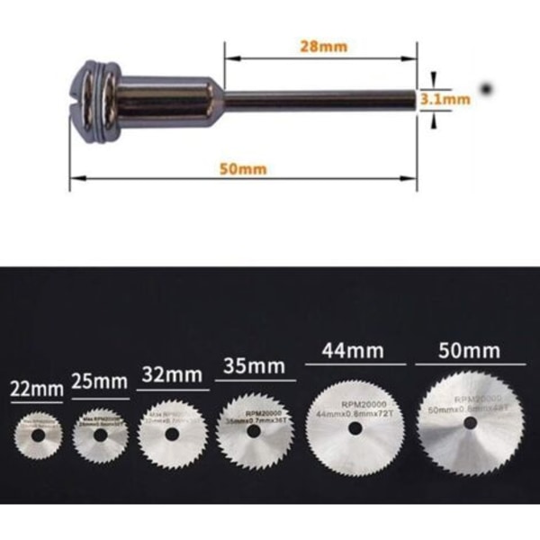 Nytt 7-delars HSS-sågblad roterande verktyg, cirkulära träsågbladsskivor för Dremel roterande verktygsmutter med 1/8\"(3,175 mm) förlängningsstång