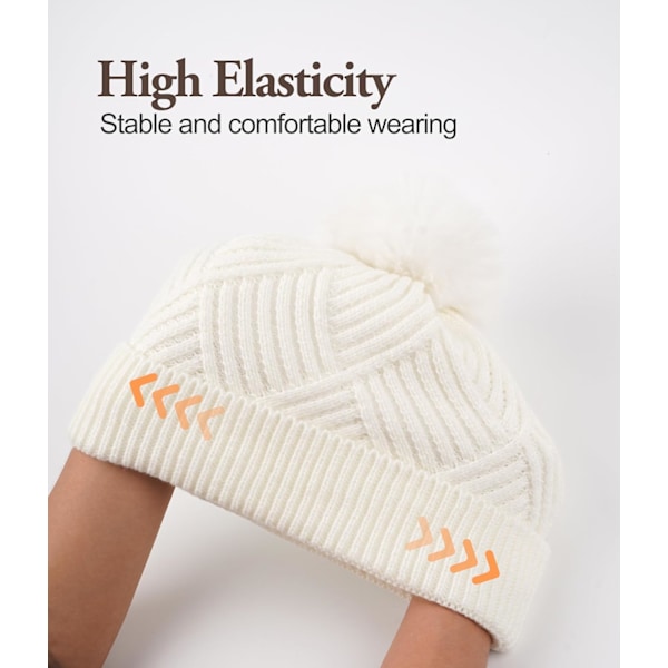 Dame Beanie, Varm Vinterlue, Plysjstrikket Lue, Varm Fleecefôret, Med Avtakbar Pompom, Egnet for Ski Utomhus