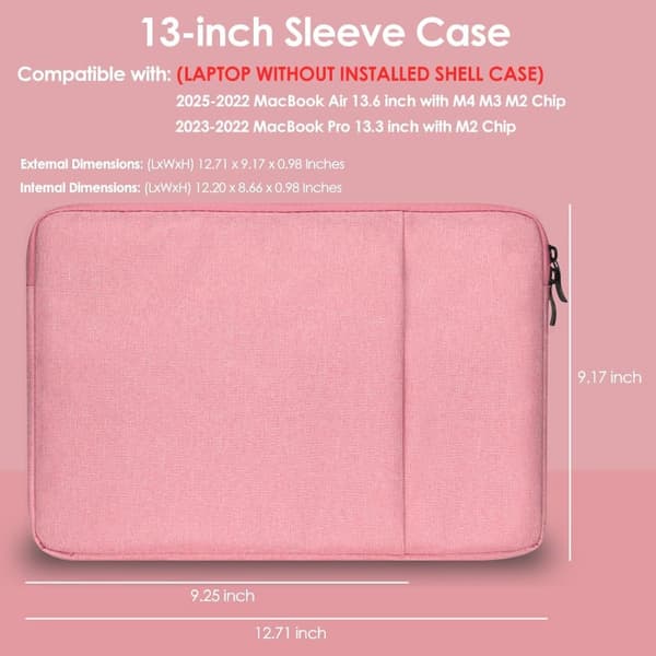 13-tums laptopfodral, vattentät polyester, mjukt mockafoder, framficka, för MacBook Air, resor och kontor, rosa