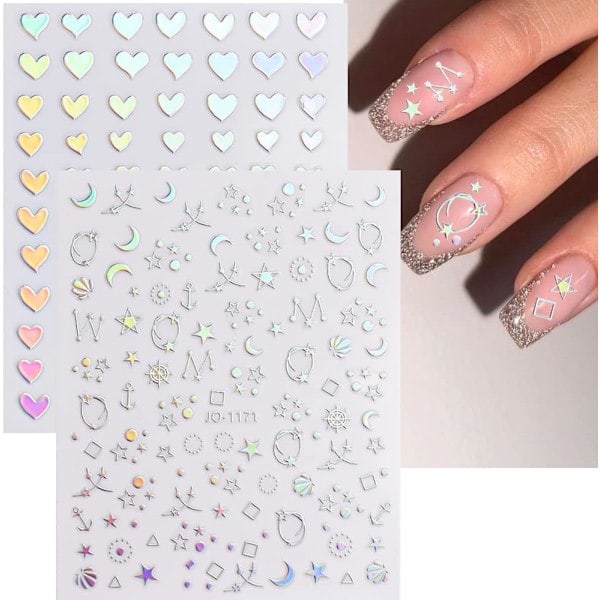 8 ark Aurora Nageldekaler 3D Holografisk Laser Hjärta Stjärna Måne Låga Blomma Fjäril Nageldekorationer Självhäftande Naglar