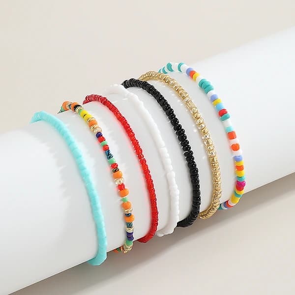7 stk. farverige små perler Bohemia armbånd Elastisk armbåndssæt J one size