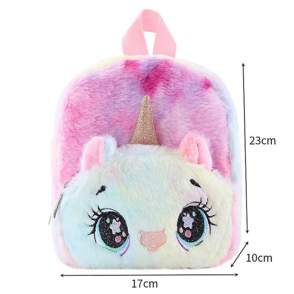 Girls Cute Fluffy Unicorn Plyschryggsäck Skolväskor Reseförvaring Sch Rainbow Squinting Bag
