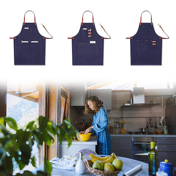 Blå denim kockförkläde för män, arbetskläder, professionellt för grillning, vattentätt med verktygsfickor, handduksöglor