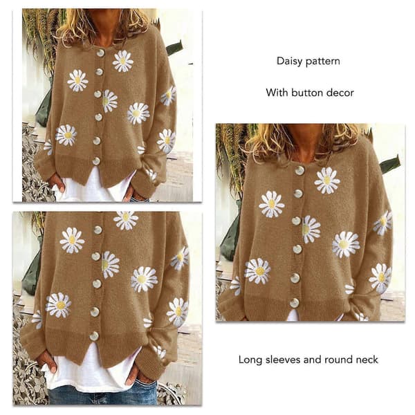 Daisy Pattern Stickad Tröja för Kvinnor, Knappdetaljer, Rund Hals och Lös Passform