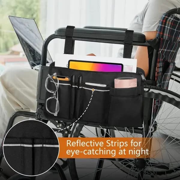 Wheelchair Bag, Armrest Storage with Cup Holder and Reflective Strip