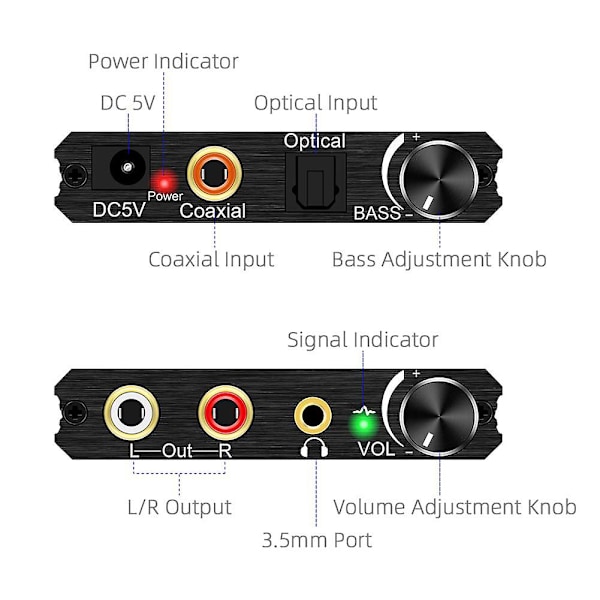 TS-192khz Digital til Analog Audio Konverter med Bass- og Volumjustering, digital Spdif/optisk/koaksial
