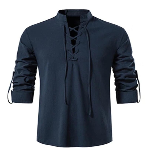 Ny skjorta med v-ringad herr T-shirt Mode vintage tunn långärmad topp män Casual andas Viking Front Lace Up Man Shirts NAVY XXL