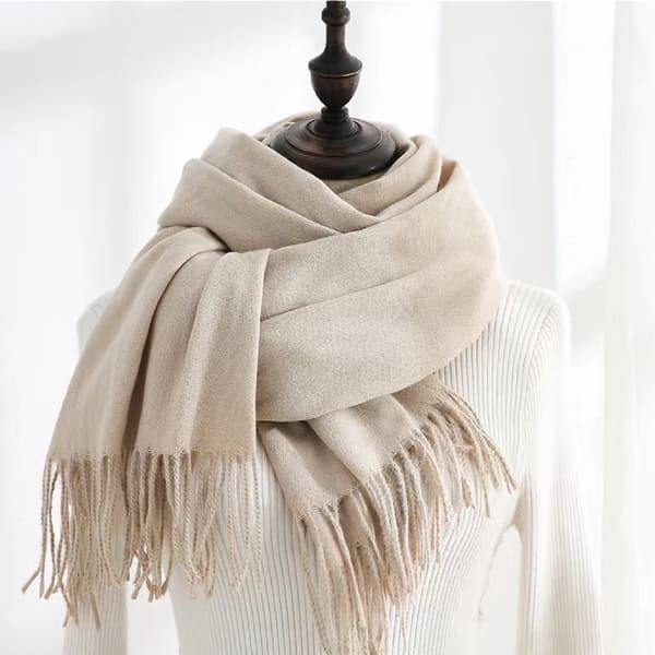 Damvävd halsduk, mjuk imitation kashmir polyester, lång fransad sjal för höst vinter, beige, 70 x 200 cm Beige