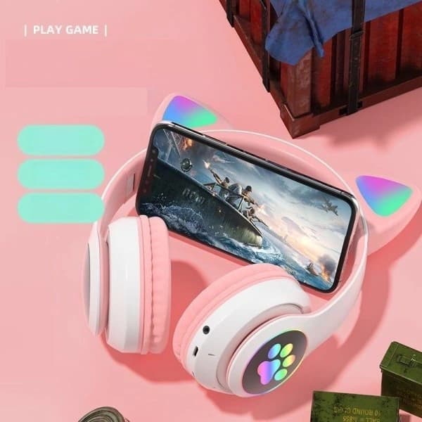 Katteøre headset trådløse kat bluetooth hovedtelefoner pink rosa