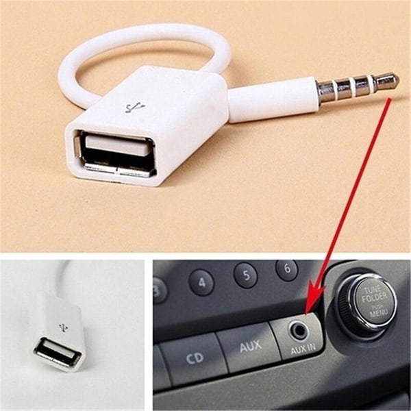 USB hona till 3,5 mm hanljudjack bil aux-adapterkabel omvandlarsladd (vit) (1 st)