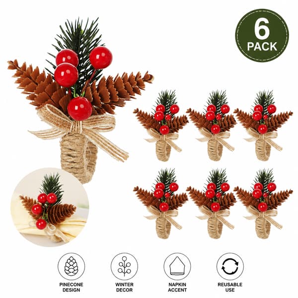 6-pack servettringar med kottar för vinterbordsdekoration Christmas Pine Cone C196