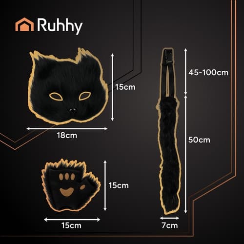 Cat Mask with Paws and Adjustable Tail – 4 Pieces Svart black