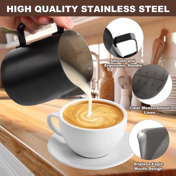 Mælkeskummerkande, 304 rustfrit stål med målemærker og Latte Art Pen, til Cappuccino og Latte Art, sort, 350 ml