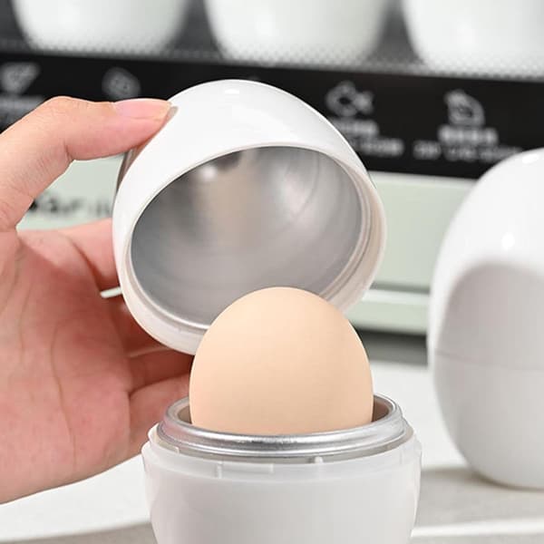 Mikrobølgeovn Eggekoker for 1 Egg, Rask 9-minutters Eggdamper for Hardkokte og Mediumkokte Egg, Enkel å Bruke, Hvit