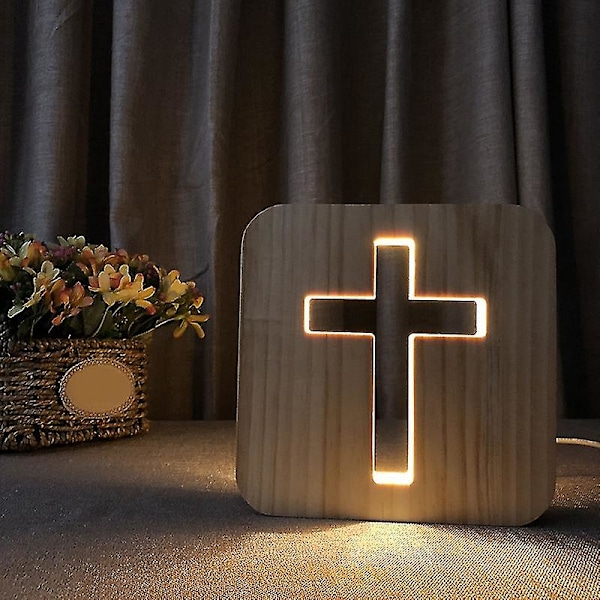 3D LED-lampa Nattlampa USB-skrivbordslampa Kristendomen Korshantverk För Present Trä