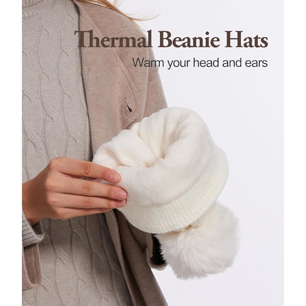 Dame Beanie, Varm Vinterlue, Plysjstrikket Lue, Varm Fleecefôret, Med Avtakbar Pompom, Egnet for Ski Utomhus