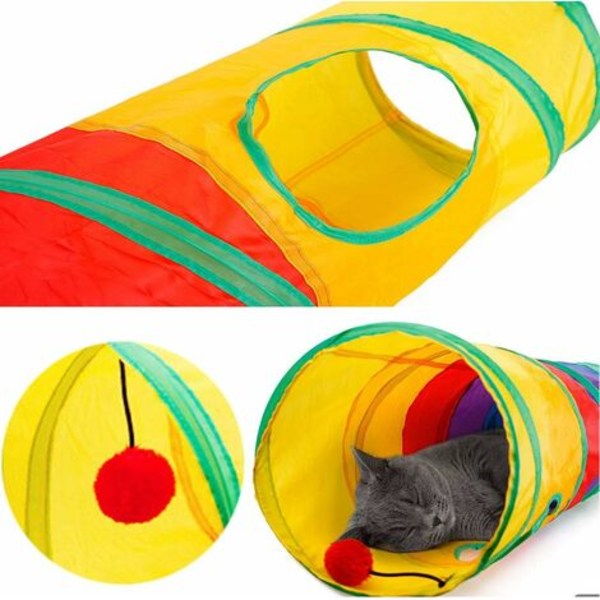 TS-Tunnel hopfällbar kattleksak Regnbågsfärgad kattunnel för de flesta katter, inomhus- och utomhuslek, gömställe