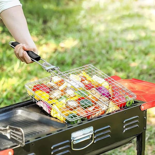 Grillkurv i rustfritt stål med sammenleggbart håndtak, rillet fiske- og grønnsaksgrillrist for utendørs grilling