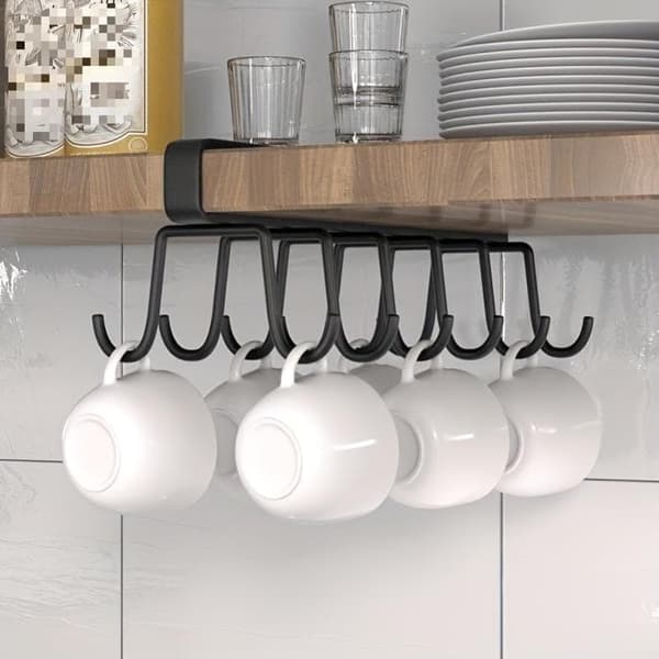 Hanging Glass Holder - 1pc Upside-Down Mug Rack for Kitchen, Screw-Free Mounting Organizer Black