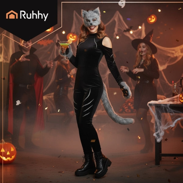 Cat Mask with Paws and Adjustable Tail – 4 Pieces grå gray