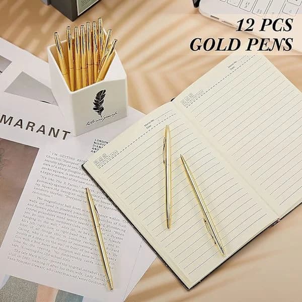 12 st Guld Metallic Kulspetspennor med Svart Bläck 1mm Medium Spets Metallic Infällbara Pennor för Studenter