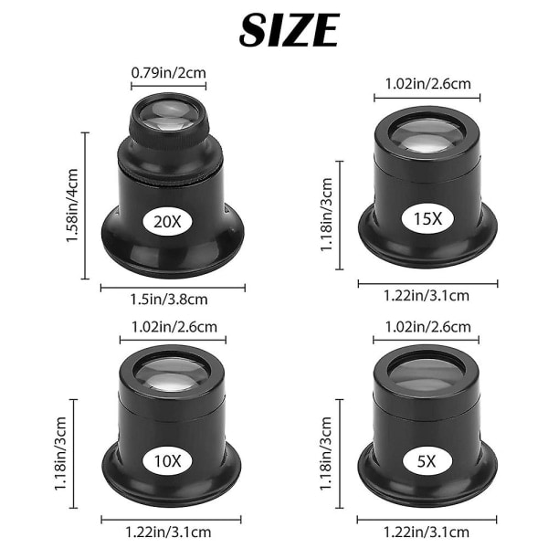 4 stk. Lupp Øjenglas Forstørrelsesglas Sæt 5x 10x 15x 20x Urreparation Lupp Forstørrelsesglas