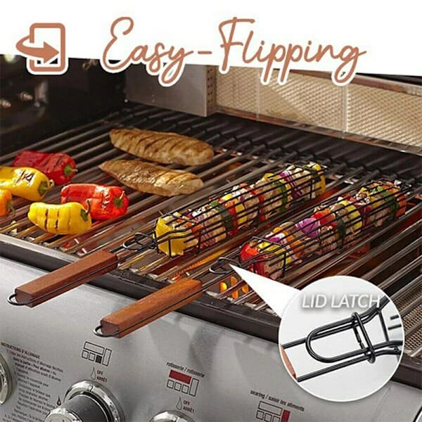 2-pack grillkorgar i rostfritt stål, non-stick bärbara grillkorgar med låsbart lock för utomhusmatlagning