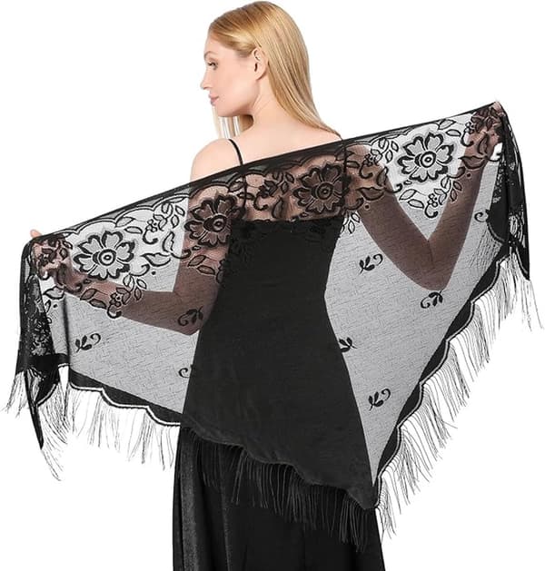 Dame blonde tørklæde sjal, trekantet netkappe med kvaster, polyester wrap til bryllupper og fester, sort og hvid, 200 x 75 cm