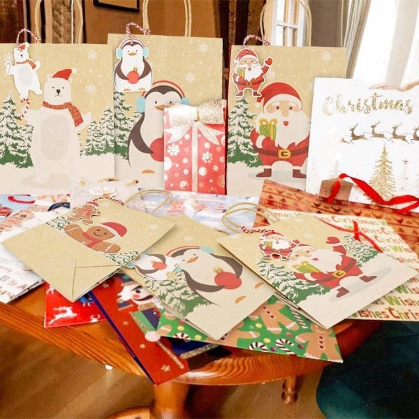 24 stk Mellomstore Julegaveposer i Kraftpapir med Håndtak og Etiketter, Julegaveposer for Julegaveinnpakning, 18*9*31,2 cm